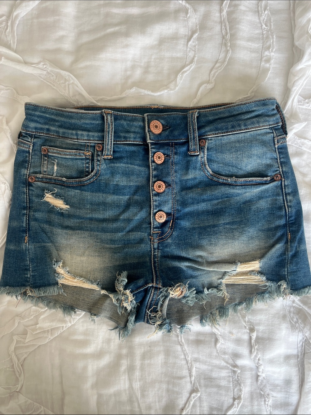 American Eagle Outfitters Distressed High-Rise Denim Shorts - Blue